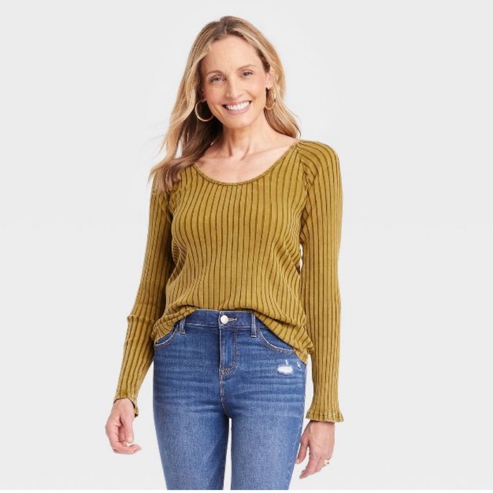 Khaki Long Sleeve Ribbed T-Shirt